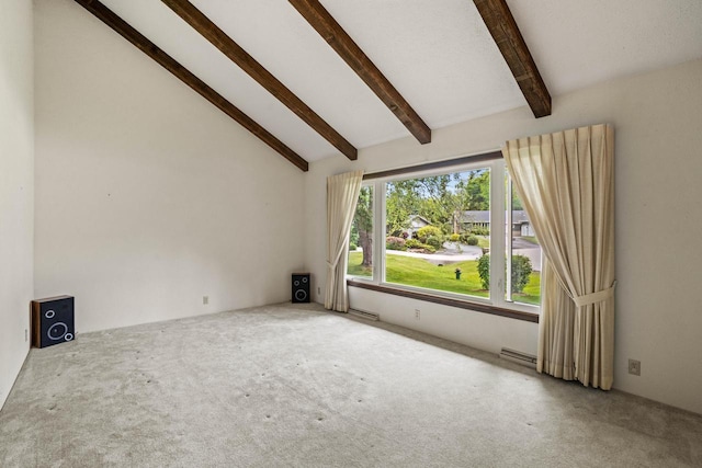 5325 Linden Cir, Racine, WI 53406 - unfurnished living room with beamed ceiling, carpet flooring, and high vaulted ceiling