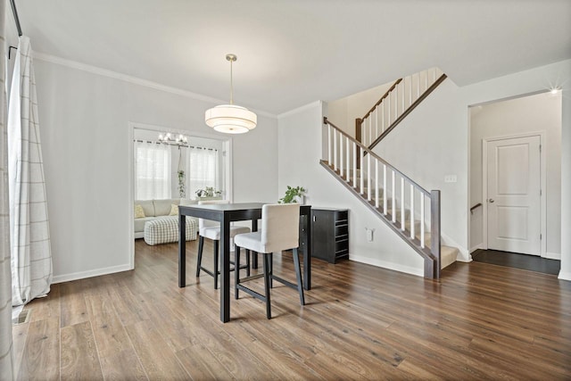 7949 W Oakwood Way, Franklin, WI 53132 - dining space with stairs, wood finished floors, ornamental molding, and a chandelier