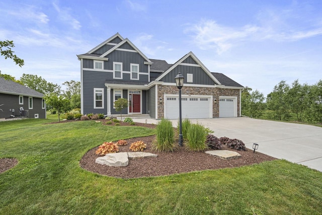 7949 W Oakwood Way, Franklin, WI 53132 - craftsman-style home with board and batten siding, driveway, an attached garage, and a front lawn