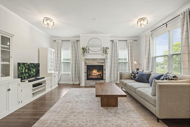 7949 W Oakwood Way, Franklin, WI 53132 - living room with crown molding, dark wood-style floors, and a fireplace