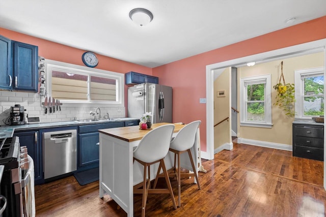 3715 N 2nd St, Milwaukee, WI 53212 - kitchen with stainless steel appliances, blue cabinetry, dark wood finished floors, and wood counters