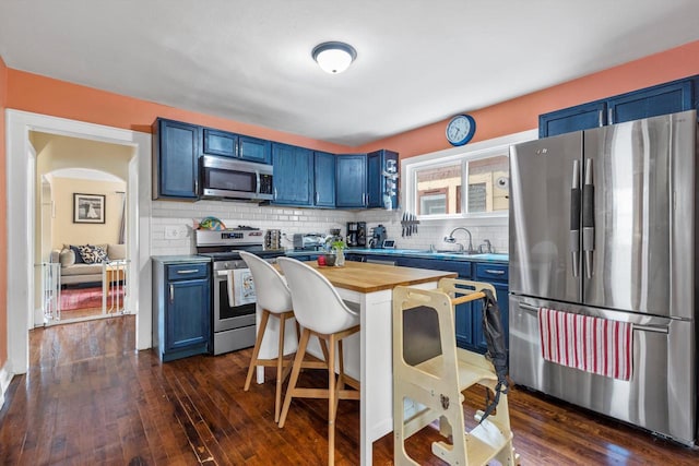 3715 N 2nd St, Milwaukee, WI 53212 - kitchen with stainless steel appliances, blue cabinetry, wood counters, and dark wood finished floors