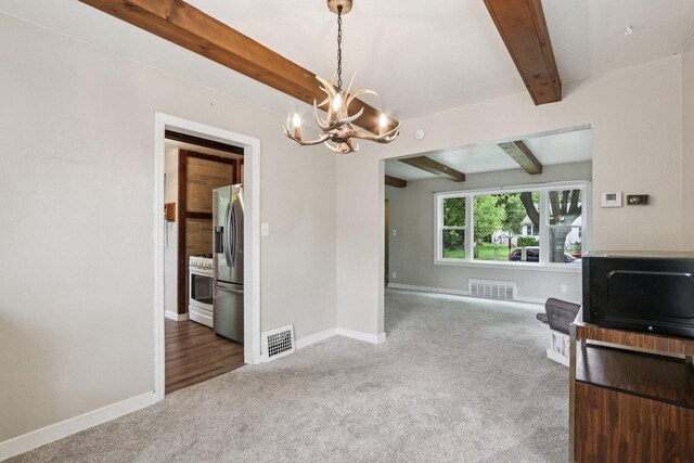 3352 S Adams Ave, Milwaukee, WI 53207 - unfurnished dining area with beamed ceiling, carpet floors, and a chandelier