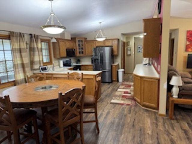 1064 Sunny Ridge Cir, Nekoosa, WI 54457 - dining area with dark wood finished floors and vaulted ceiling