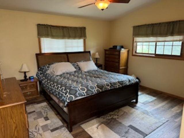 1064 Sunny Ridge Cir, Nekoosa, WI 54457 - bedroom featuring wood finished floors, a ceiling fan, and lofted ceiling