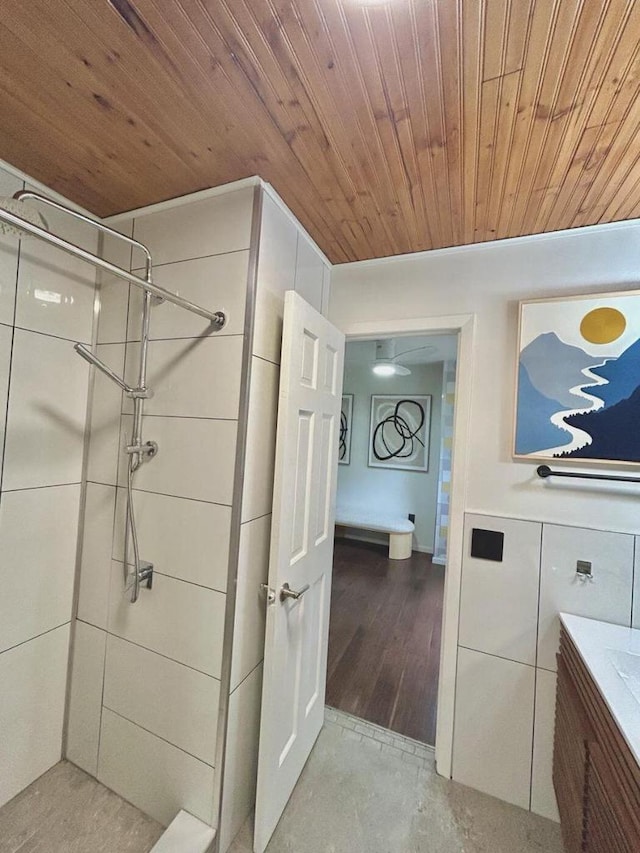 5869 Country Club Rd, Houston, MN 55943 - full bath with a shower stall, vanity, and wood ceiling