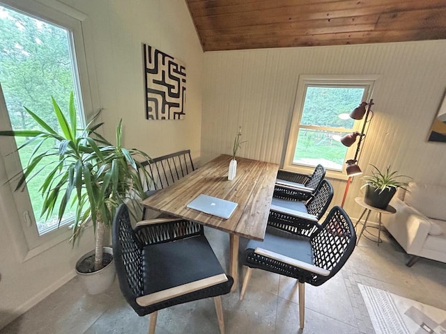 5869 Country Club Rd, Houston, MN 55943 - dining area featuring vaulted ceiling, wood ceiling, and concrete flooring