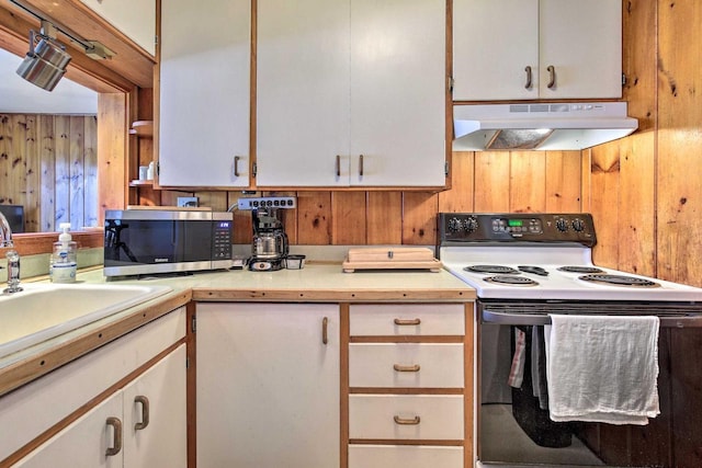 1119 Gross Rd, Woodruff, WI 54568 - kitchen with electric stove, under cabinet range hood, stainless steel microwave, wooden walls, and light countertops