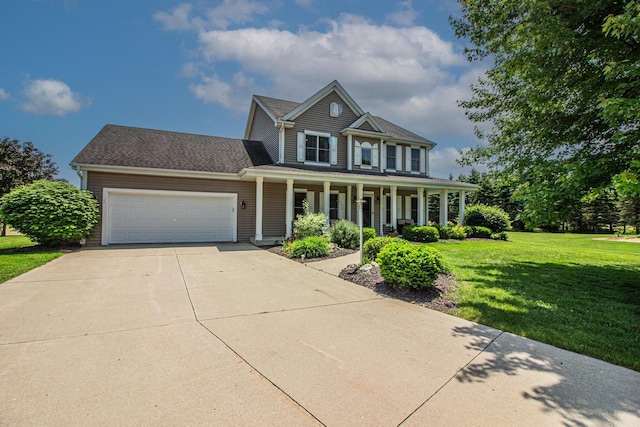 120 Wind Sail Ct, Random Lake, WI 53075 - view of front of house featuring covered porch, an attached garage, a front lawn, and concrete driveway