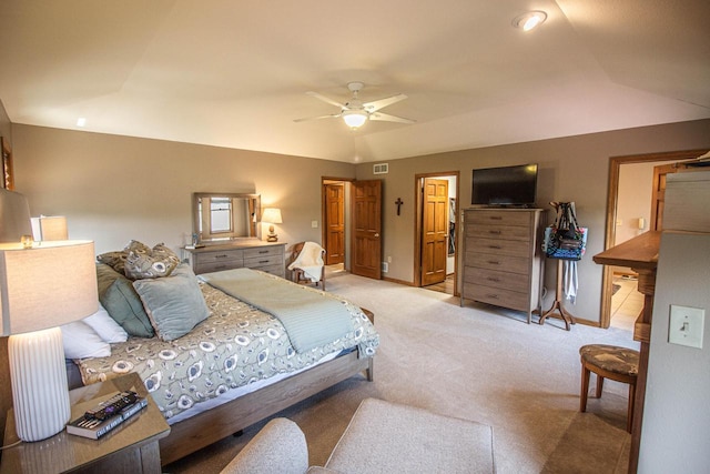 120 Wind Sail Ct, Random Lake, WI 53075 - bedroom with light carpet, vaulted ceiling, and a ceiling fan