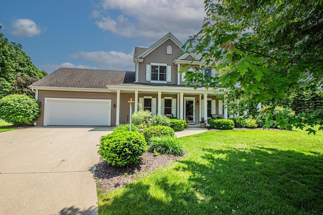 120 Wind Sail Ct, Random Lake, WI 53075 - traditional-style house featuring an attached garage, concrete driveway, a front lawn, and covered porch