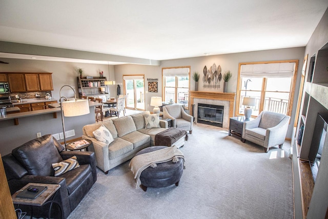 120 Wind Sail Ct, Random Lake, WI 53075 - living room featuring a fireplace and light carpet