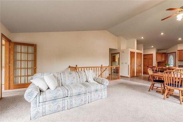 3413 Mcelroy Ct, Eau Claire, WI 54701 - living area with vaulted ceiling, a ceiling fan, light carpet, and recessed lighting