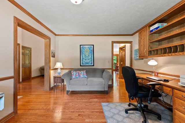 2510 Hillside Heights Dr, Green Bay, WI 54311 - office area with light wood-style flooring, ornamental molding, and a textured ceiling