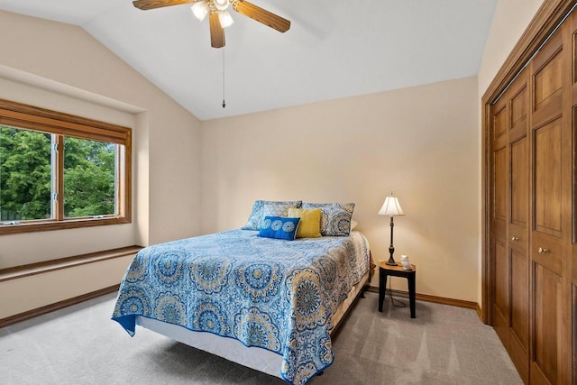 2510 Hillside Heights Dr, Green Bay, WI 54311 - bedroom featuring light colored carpet, lofted ceiling, a closet, and a ceiling fan