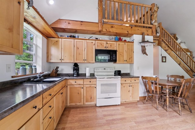 5093 County Highway G, Cavour, WI 54511 - kitchen featuring black microwave, white electric stove, dark countertops, light wood finished floors, and lofted ceiling