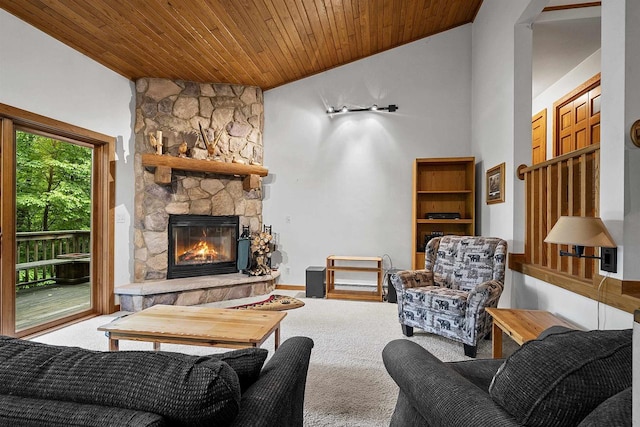 N12757 Rivers Meet Dr, Athelstane, WI 54104 - living room featuring carpet flooring, wood ceiling, a stone fireplace, and high vaulted ceiling