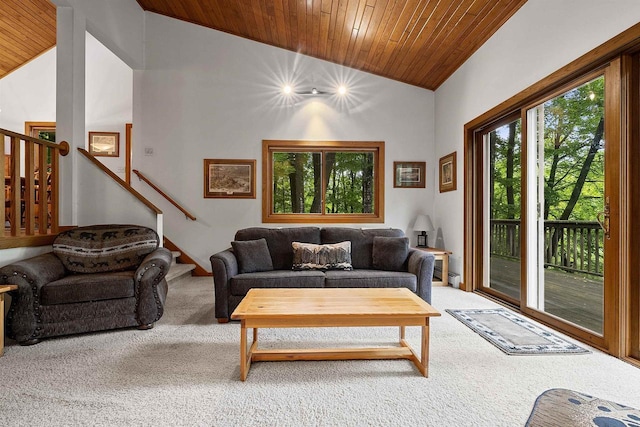 N12757 Rivers Meet Dr, Athelstane, WI 54104 - carpeted living room featuring wood ceiling, lofted ceiling, and stairway