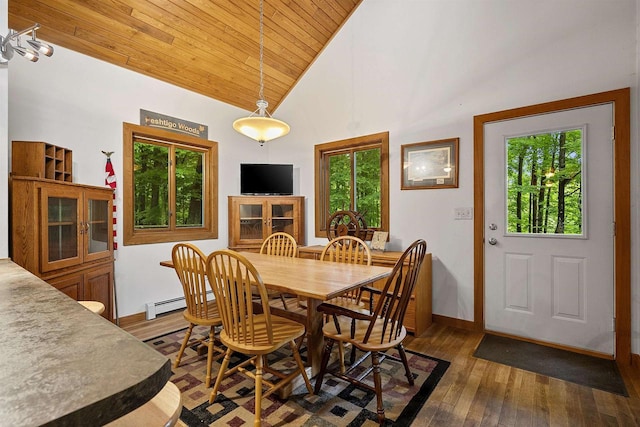 N12757 Rivers Meet Dr, Athelstane, WI 54104 - dining space featuring hardwood / wood-style floors, wood ceiling, and high vaulted ceiling