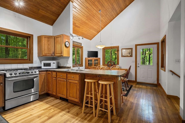 N12757 Rivers Meet Dr, Athelstane, WI 54104 - kitchen with gas range, brown cabinetry, dark countertops, a peninsula, and high vaulted ceiling