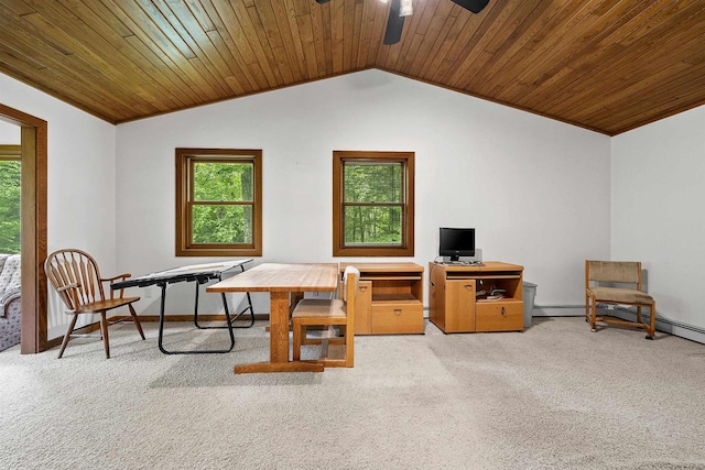 N12757 Rivers Meet Dr, Athelstane, WI 54104 - sitting room with carpet flooring, a ceiling fan, plenty of natural light, vaulted ceiling, and wood ceiling
