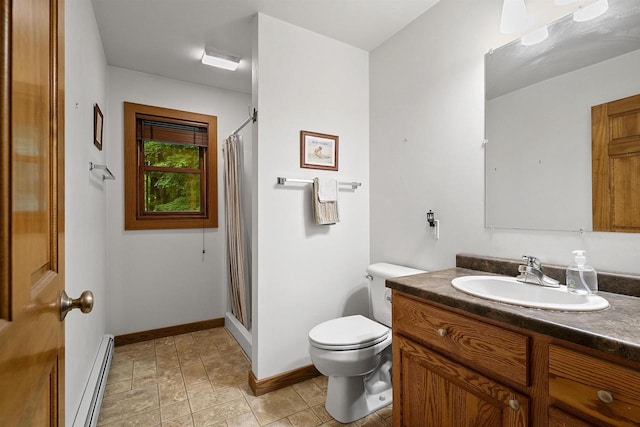 N12757 Rivers Meet Dr, Athelstane, WI 54104 - bathroom with a baseboard heating unit, vanity, and a shower with curtain