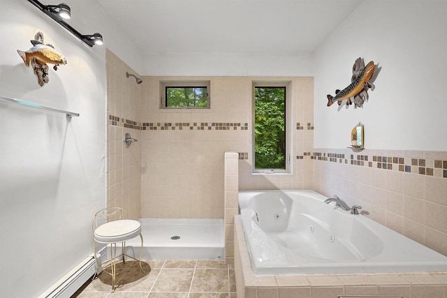N12757 Rivers Meet Dr, Athelstane, WI 54104 - full bathroom with a baseboard heating unit, a whirlpool tub, tiled shower, and tile patterned floors