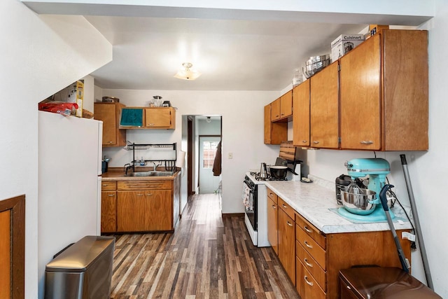 1432 Loomis St, La Crosse, WI 54603 - kitchen featuring white appliances, dark wood-type flooring, light countertops, and brown cabinetry