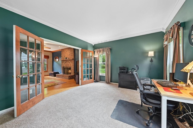 20750 Chadwick Ln, Brookfield, WI 53045 - carpeted office space with ornamental molding, french doors, and a brick fireplace