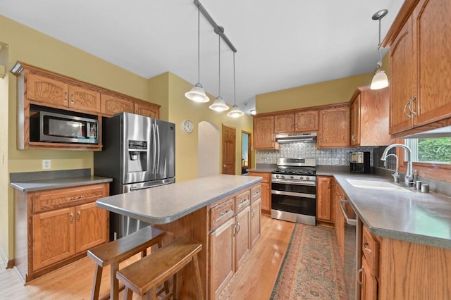 20750 Chadwick Ln, Brookfield, WI 53045 - kitchen with appliances with stainless steel finishes, under cabinet range hood, light wood-style floors, and a center island
