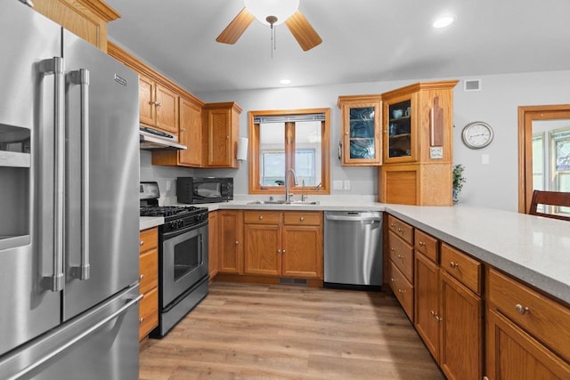 N7861 Lakeshore Dr, Fond Du Lac, WI 54937 - kitchen featuring appliances with stainless steel finishes, under cabinet range hood, light countertops, light wood finished floors, and ceiling fan