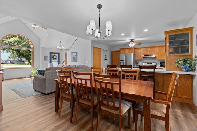 N7861 Lakeshore Dr, Fond Du Lac, WI 54937 - dining area with a chandelier, light wood finished floors, recessed lighting, and a ceiling fan