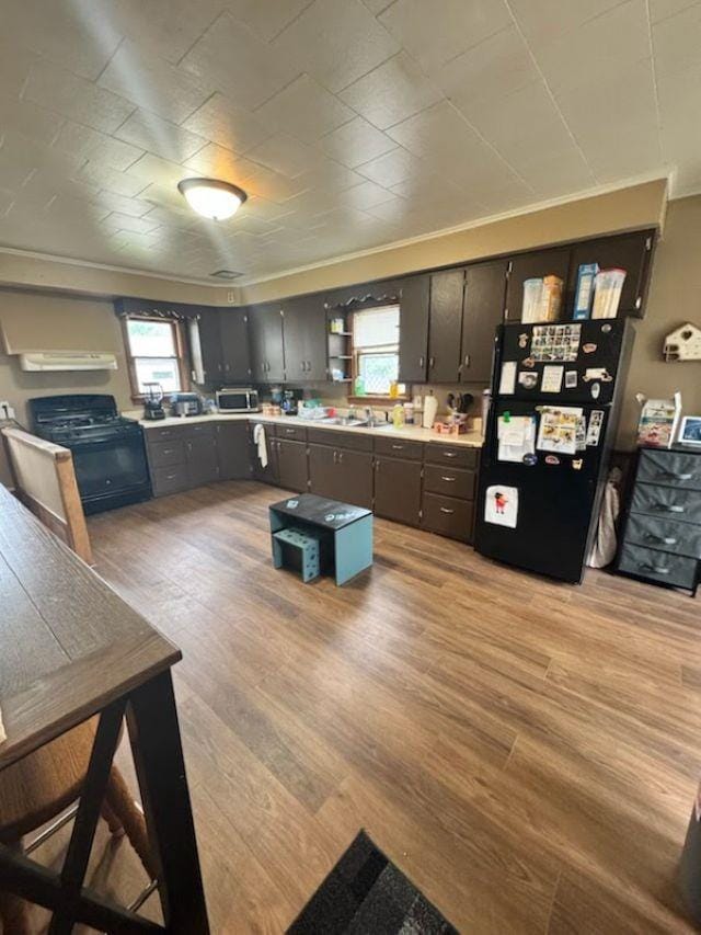 1820 Plymouth St, Oshkosh, WI 54901 - kitchen featuring black appliances, crown molding, light wood finished floors, under cabinet range hood, and light countertops