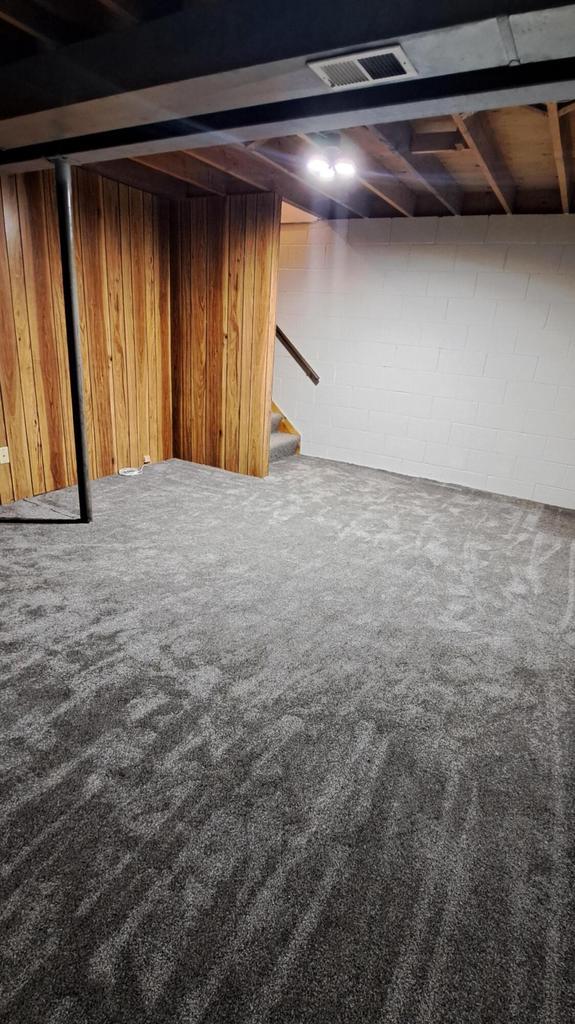 752 Imperial Ct Unit 754, West Bend, WI 53095 - finished below grade area featuring carpet, stairway, wood walls, and concrete block wall