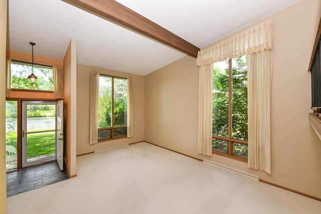 12929 N Colony Dr, Mequon, WI 53097 - empty room with a baseboard radiator, carpet, and beamed ceiling