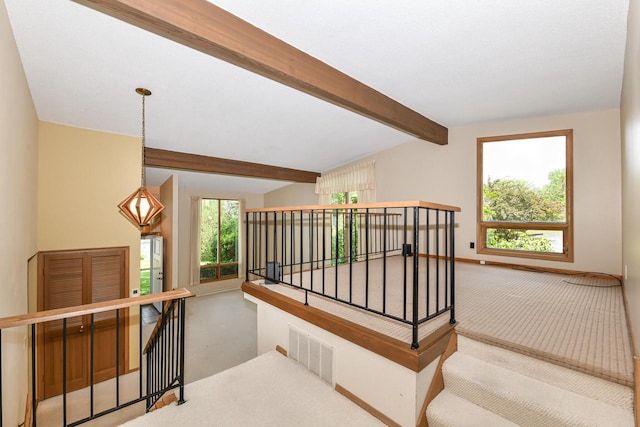12929 N Colony Dr, Mequon, WI 53097 - staircase featuring beam ceiling and carpet flooring