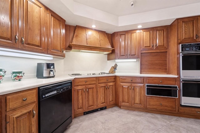 2213 Sunrise Dr, Appleton, WI 54914 - kitchen featuring white appliances, custom exhaust hood, a warming drawer, brown cabinets, and recessed lighting