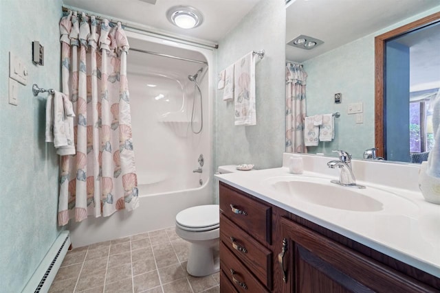 2213 Sunrise Dr, Appleton, WI 54914 - bathroom featuring a baseboard heating unit, vanity, and shower / bath combo with shower curtain