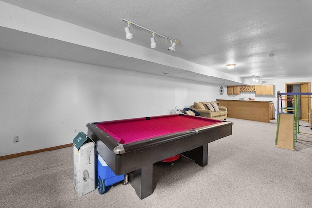 15 Naylor Cir, Madison, WI 53719 - recreation room featuring light carpet, rail lighting, billiards table, and a textured ceiling
