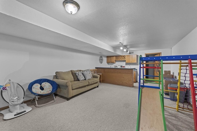 15 Naylor Cir, Madison, WI 53719 - recreation room with light colored carpet, a textured ceiling, bar, and track lighting