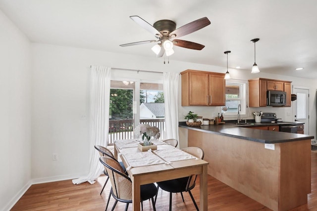 228 N Pleasant Ave, Jefferson, WI 53549 - kitchen with appliances with stainless steel finishes, dark countertops, light wood finished floors, a peninsula, and ceiling fan