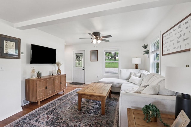 228 N Pleasant Ave, Jefferson, WI 53549 - living area featuring healthy amount of natural light, ceiling fan, and dark wood-type flooring
