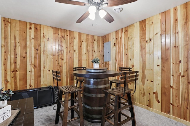228 N Pleasant Ave, Jefferson, WI 53549 - bar area with carpet flooring, wooden walls, electric panel, and ceiling fan