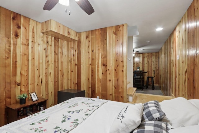 228 N Pleasant Ave, Jefferson, WI 53549 - bedroom featuring wooden walls, recessed lighting, and ceiling fan