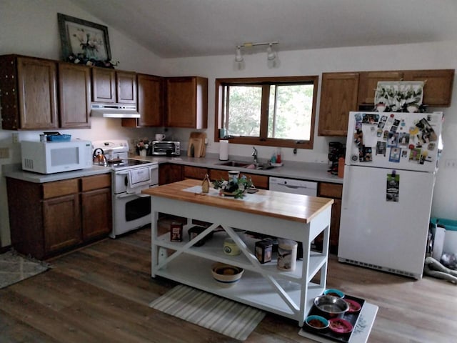 W5211 Fern Ave, Montello, WI 53949 - kitchen with white appliances, under cabinet range hood, open shelves, dark wood-type flooring, and vaulted ceiling