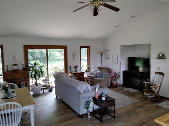 W5211 Fern Ave, Montello, WI 53949 - living area with wood finished floors, a ceiling fan, and high vaulted ceiling