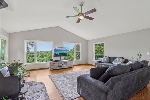 S83W27815 Beaver Trl, Mukwonago, WI 53149 - living area featuring plenty of natural light, a ceiling fan, lofted ceiling, and wood finished floors