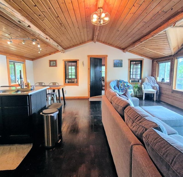 15531 Lakewood Dr, Hayward, WI 54843 - living room with dark wood-style floors, wooden ceiling, and a chandelier