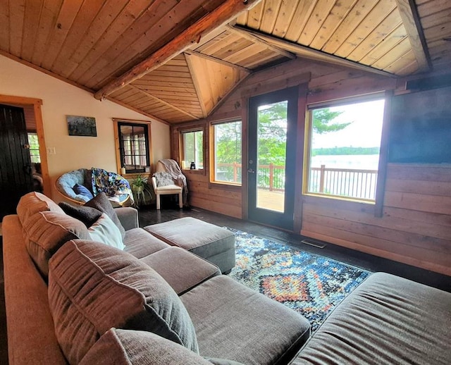15531 Lakewood Dr, Hayward, WI 54843 - living room with wood ceiling, wood walls, and a water view