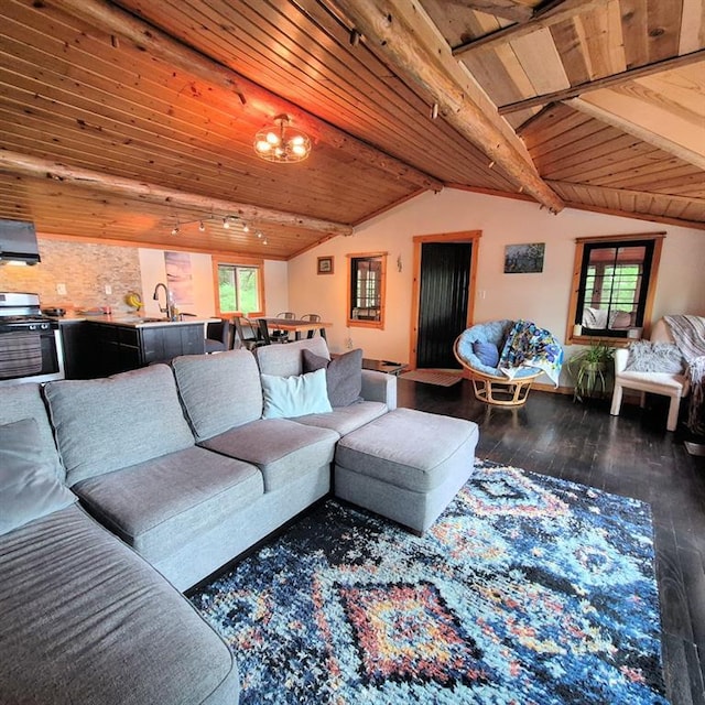 15531 Lakewood Dr, Hayward, WI 54843 - living area featuring wooden ceiling, wood-type flooring, healthy amount of natural light, a chandelier, and rail lighting